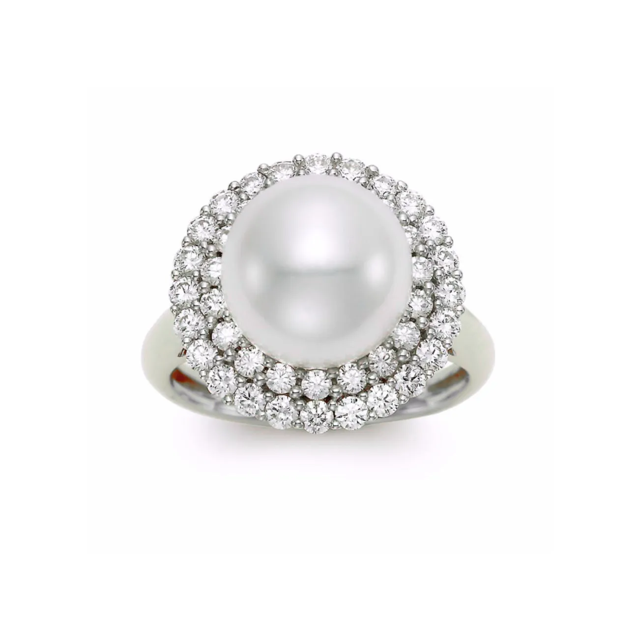 Cultured Fresh Water White Pearl 18K White Gold 10.5mm Double Halo Diamond Ring
