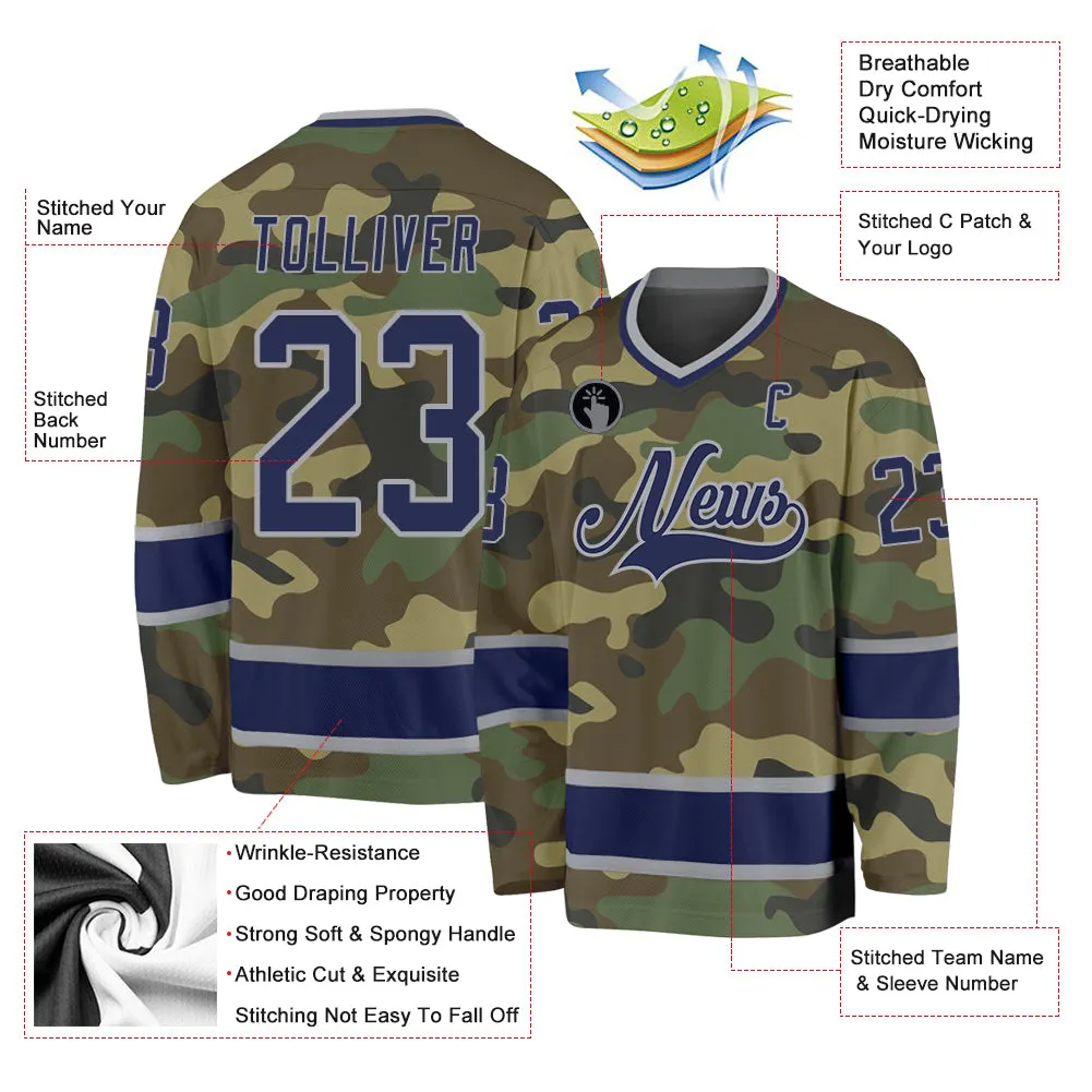 Custom Camo Navy-Gray Salute To Service Hockey Jersey