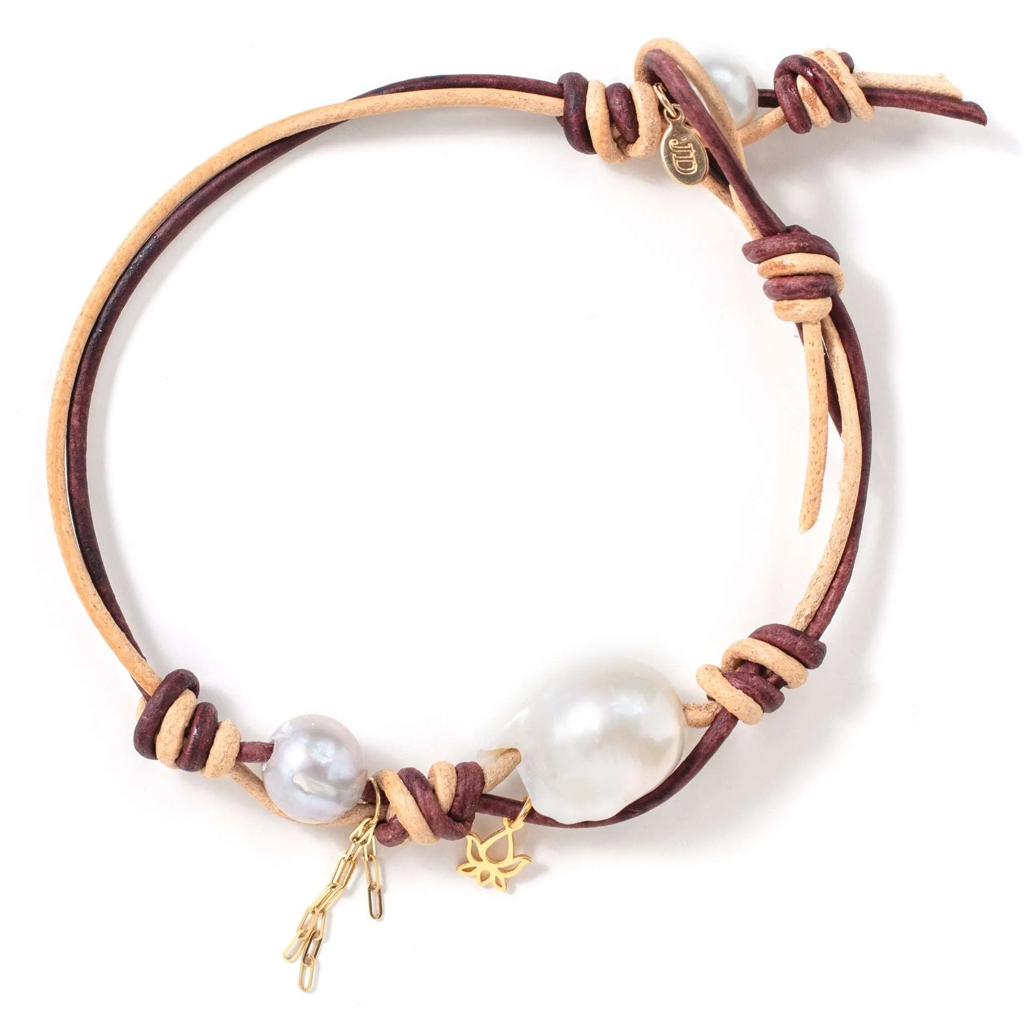 Desert Sand Baroque Pearl Gold Flower Chain Leather Anklet
