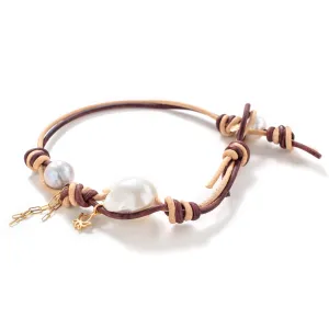 Desert Sand Baroque Pearl Gold Flower Chain Leather Anklet