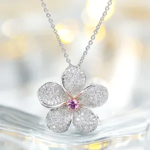 Diamond and Pink Sapphire Blossom Flower Pendant Necklace