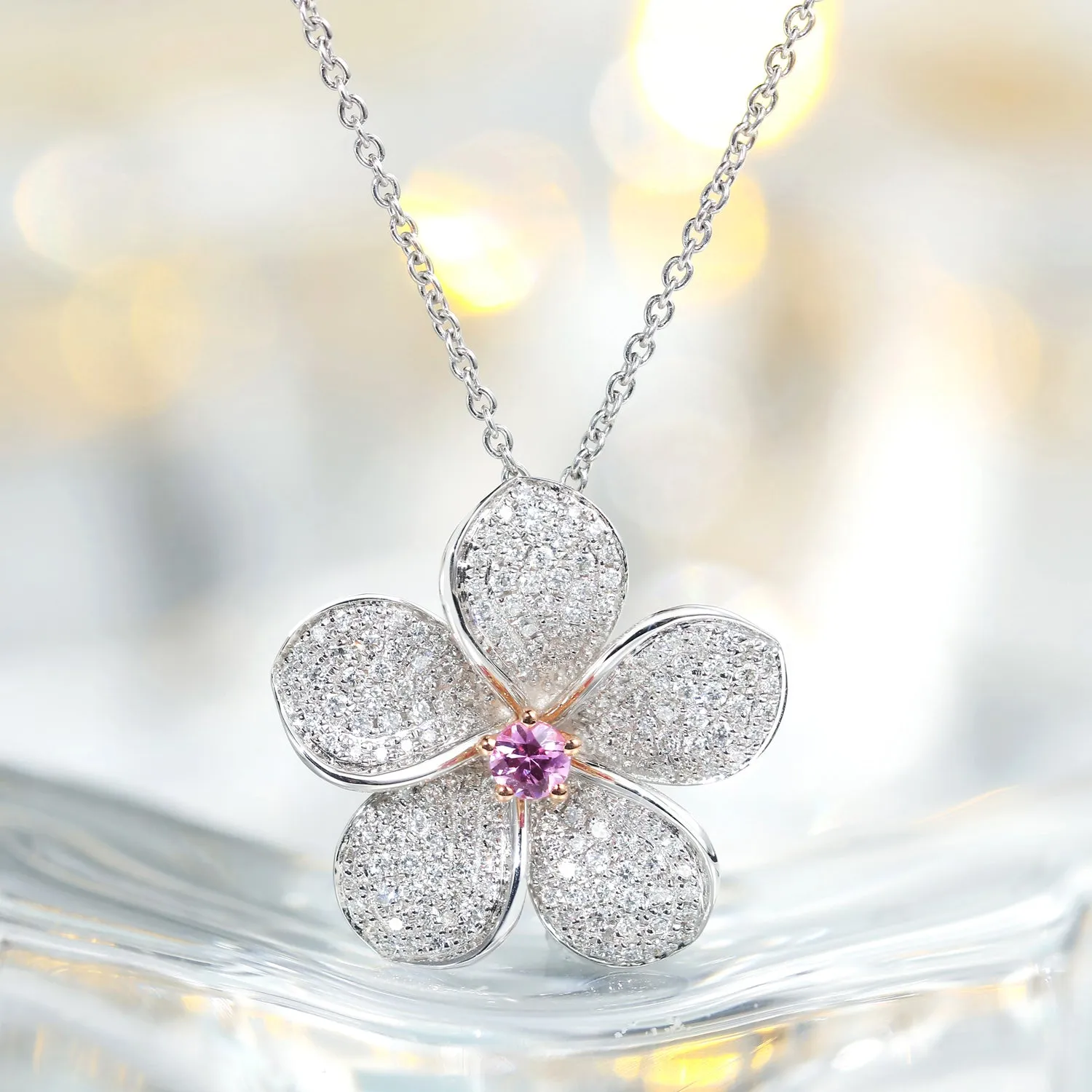Diamond and Pink Sapphire Blossom Flower Pendant Necklace