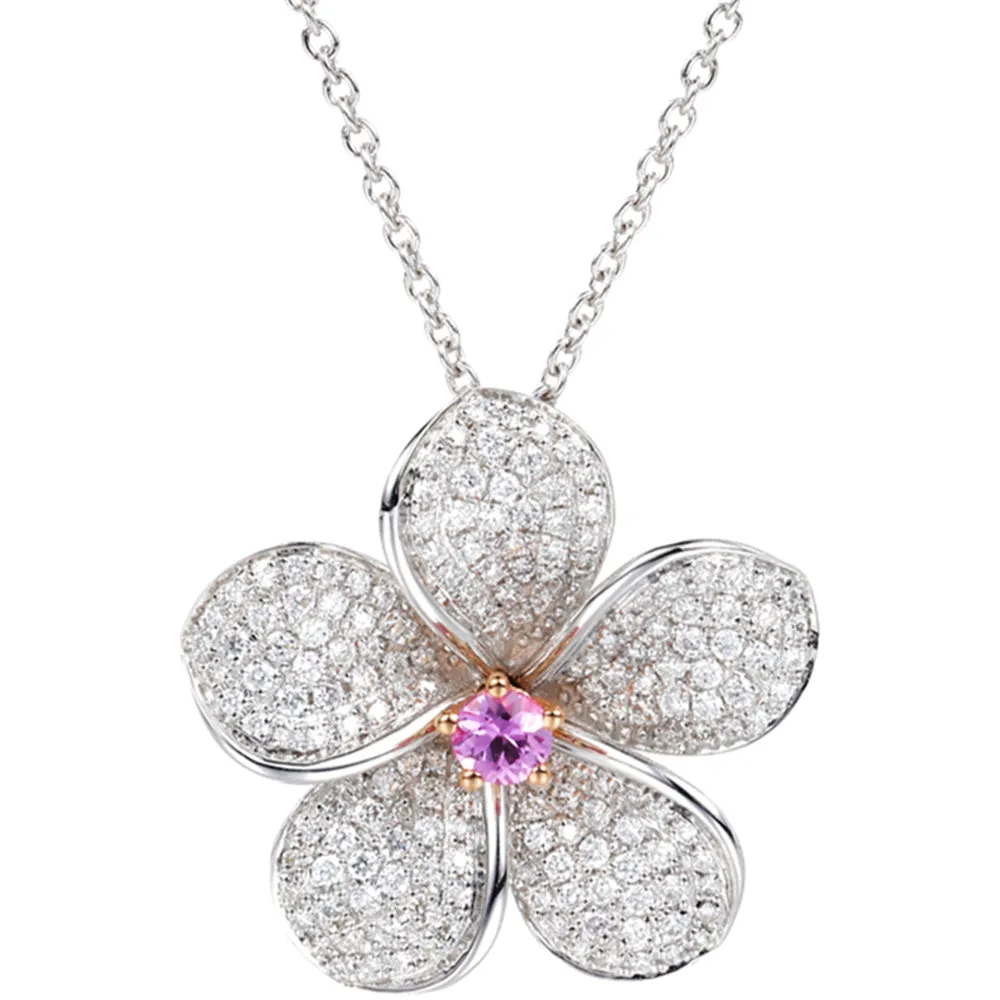 Diamond and Pink Sapphire Blossom Flower Pendant Necklace