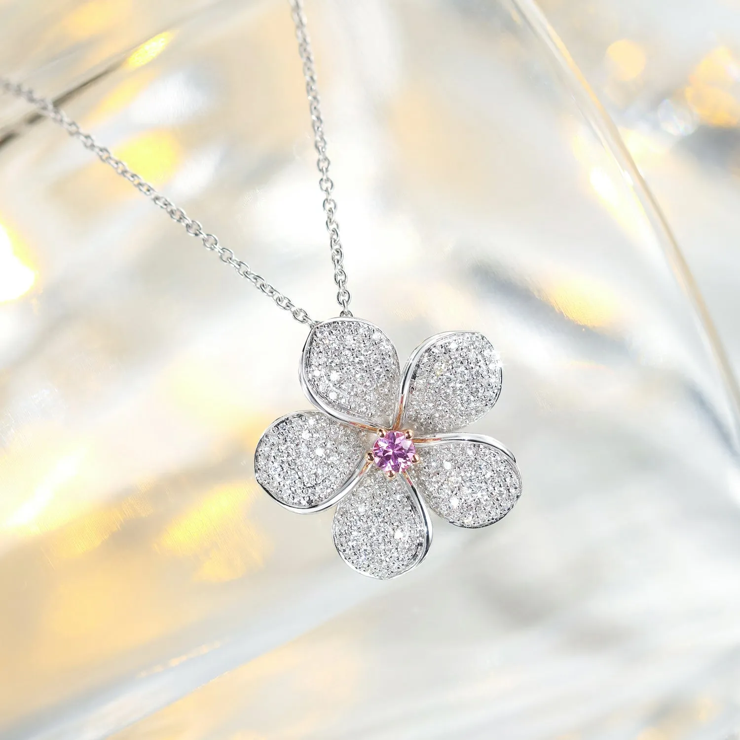 Diamond and Pink Sapphire Blossom Flower Pendant Necklace