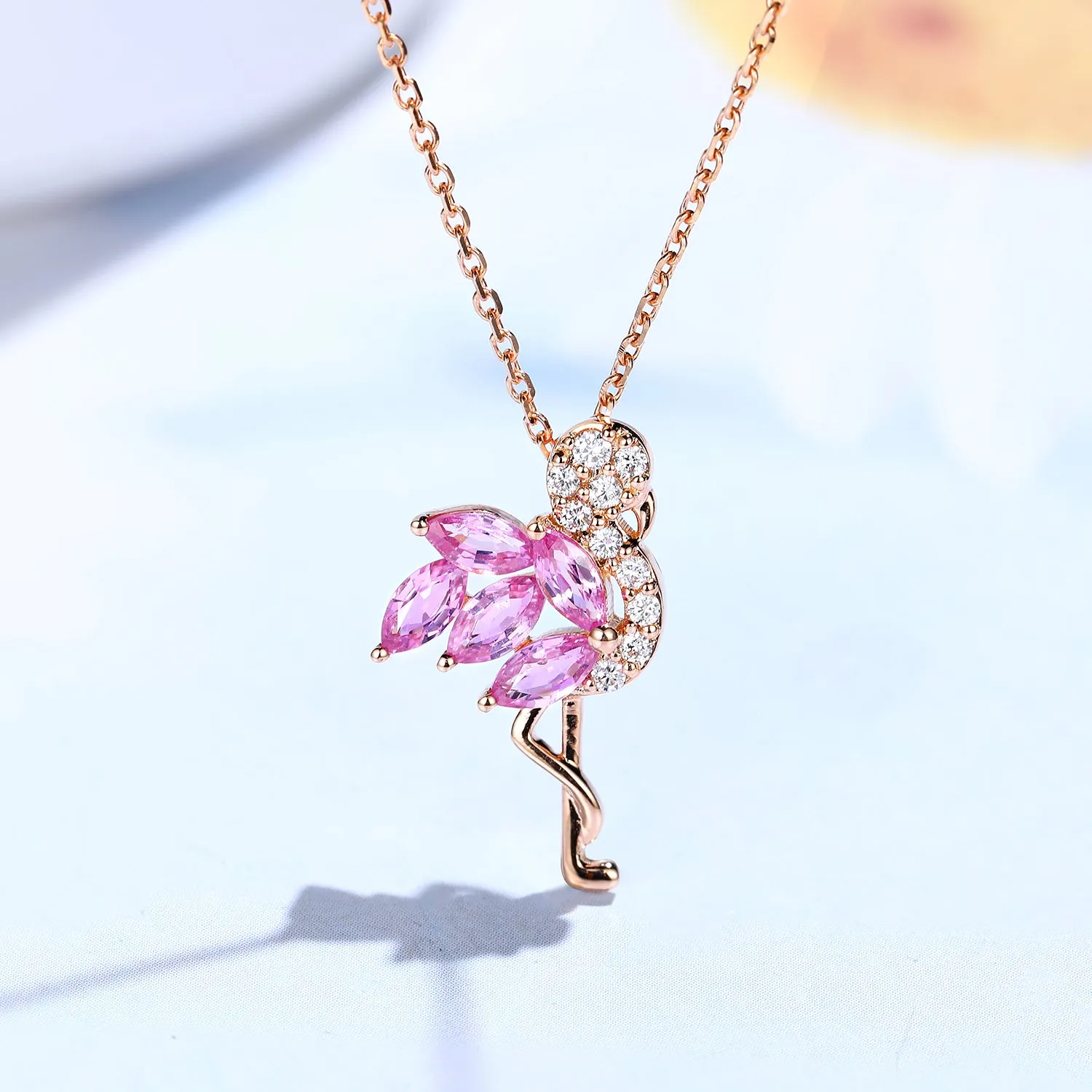 Diamond and Pink Sapphire Flamingo Bird Pendant Necklace
