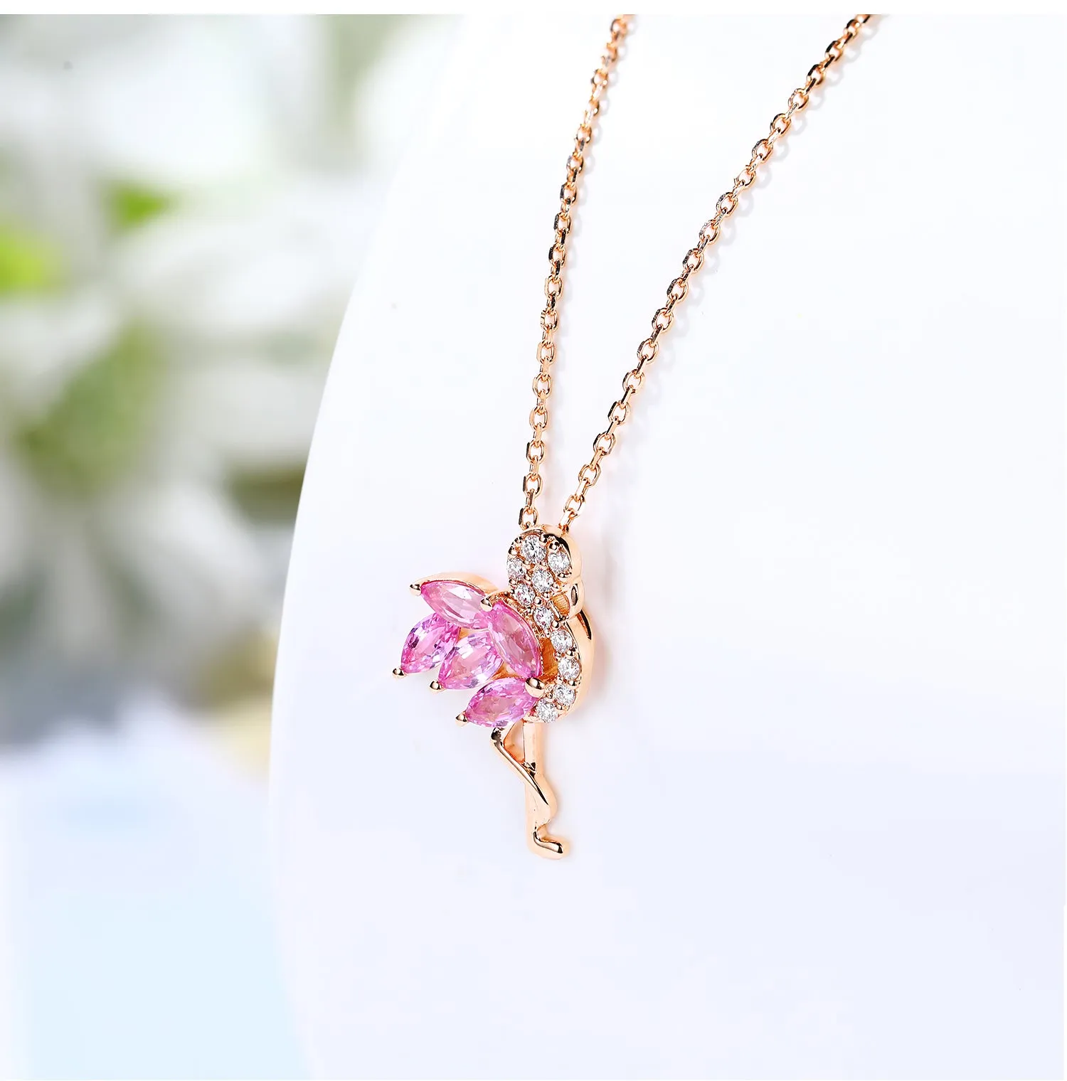 Diamond and Pink Sapphire Flamingo Bird Pendant Necklace