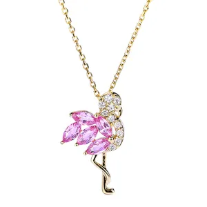 Diamond and Pink Sapphire Flamingo Bird Pendant Necklace