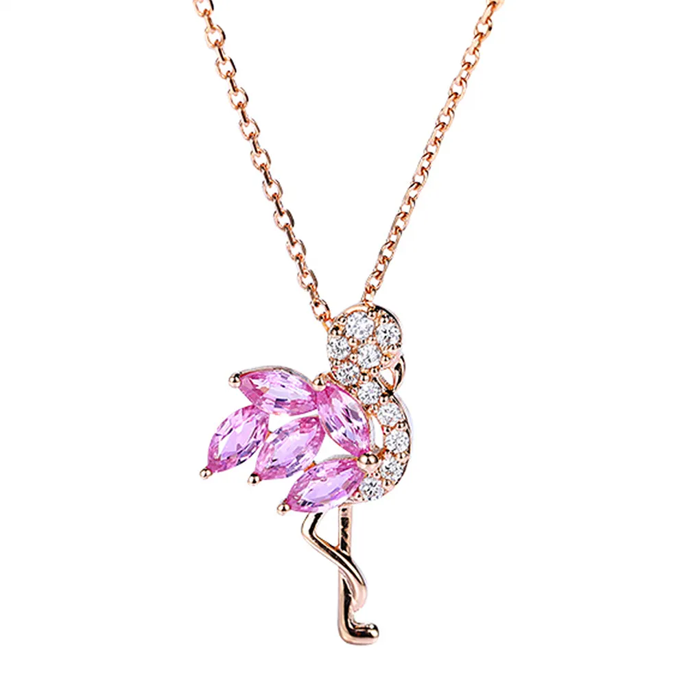 Diamond and Pink Sapphire Flamingo Bird Pendant Necklace