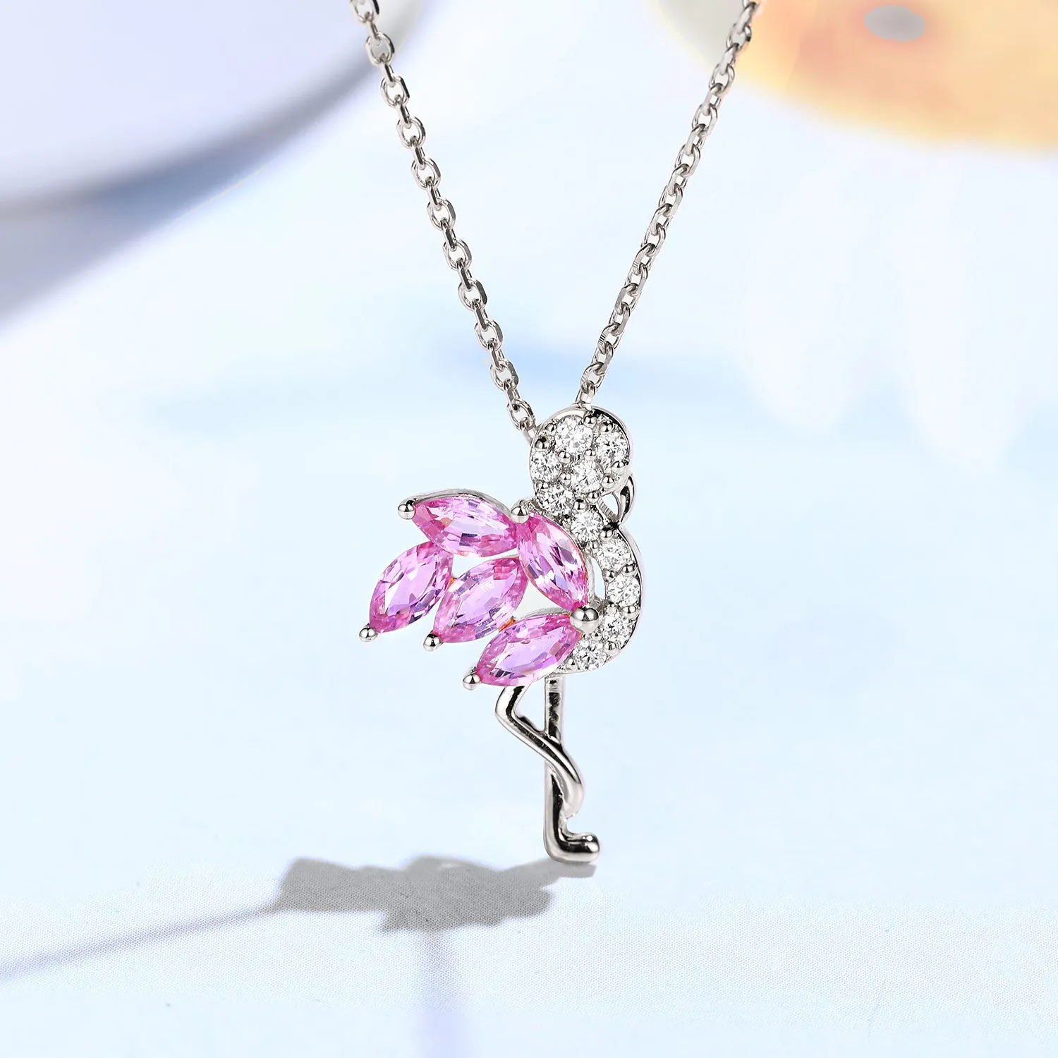 Diamond and Pink Sapphire Flamingo Bird Pendant Necklace