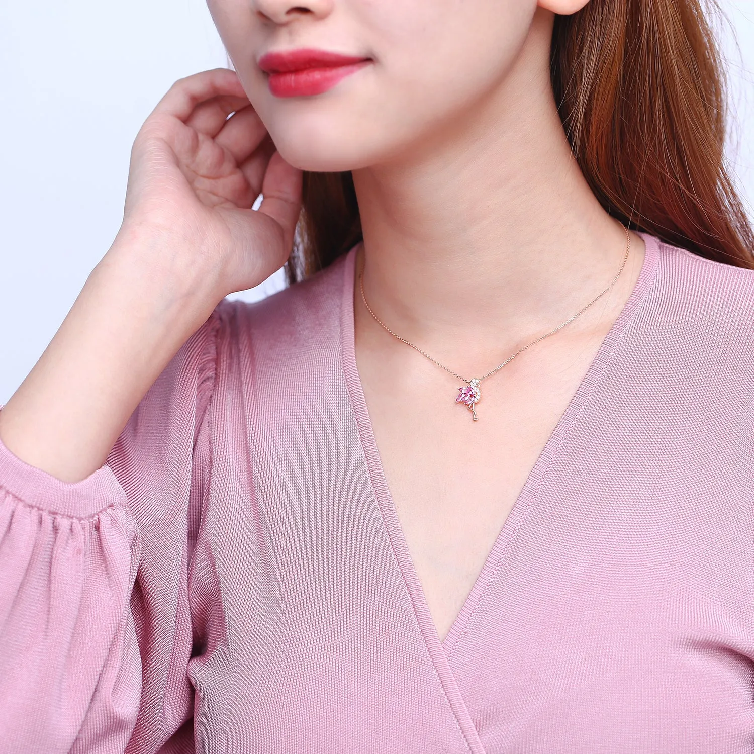 Diamond and Pink Sapphire Flamingo Bird Pendant Necklace