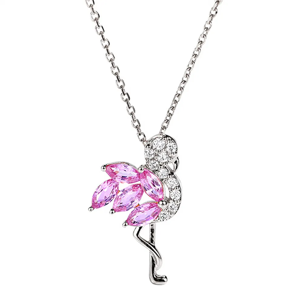 Diamond and Pink Sapphire Flamingo Bird Pendant Necklace