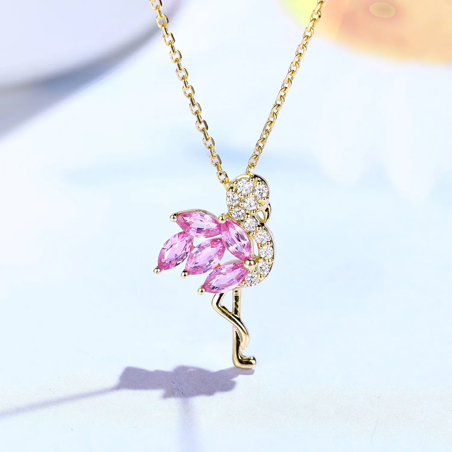 Diamond and Pink Sapphire Flamingo Bird Pendant Necklace