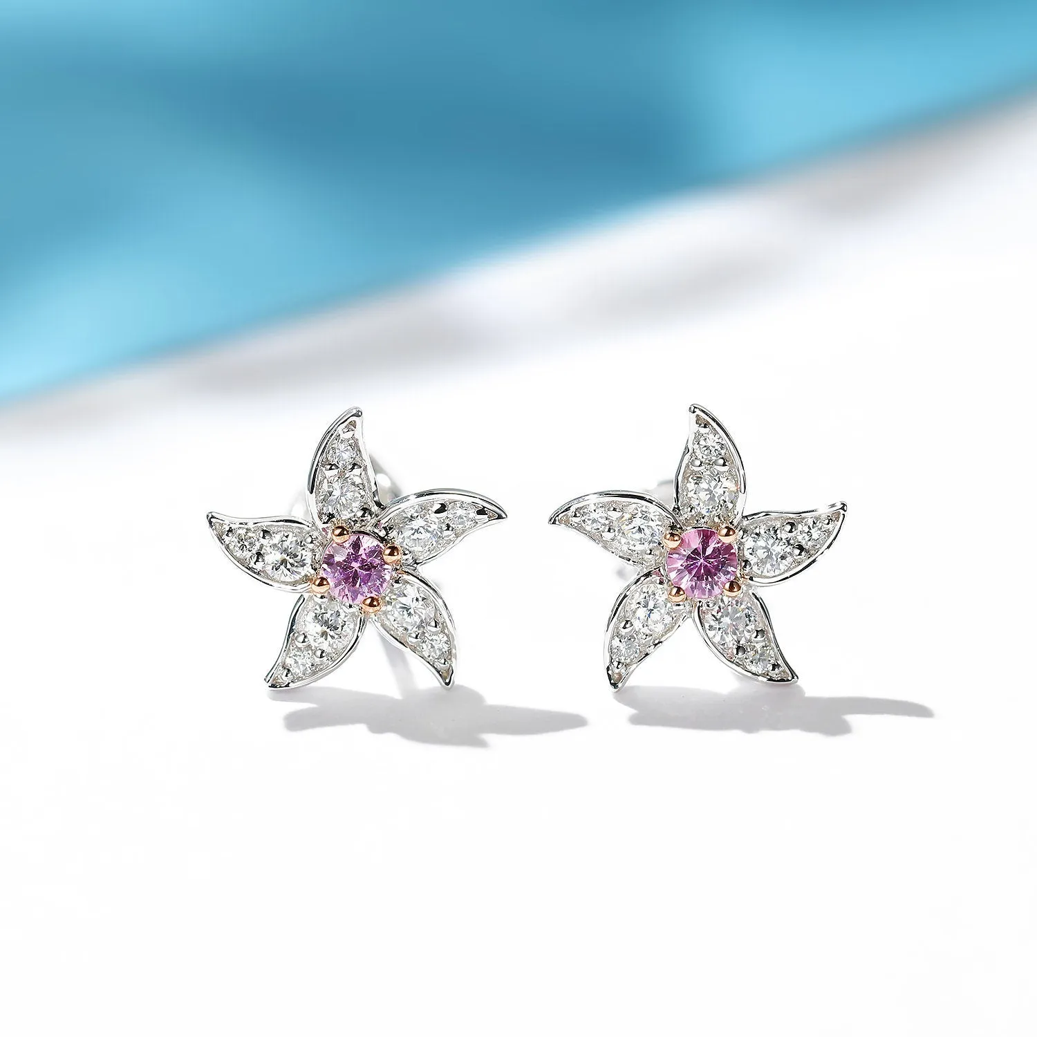Diamond and Pink Sapphire Flower Stud Earrings