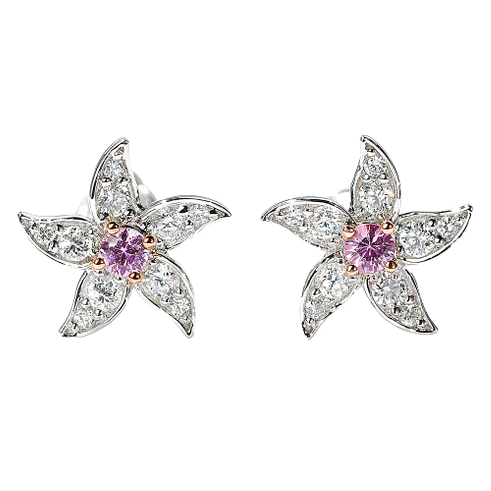 Diamond and Pink Sapphire Flower Stud Earrings