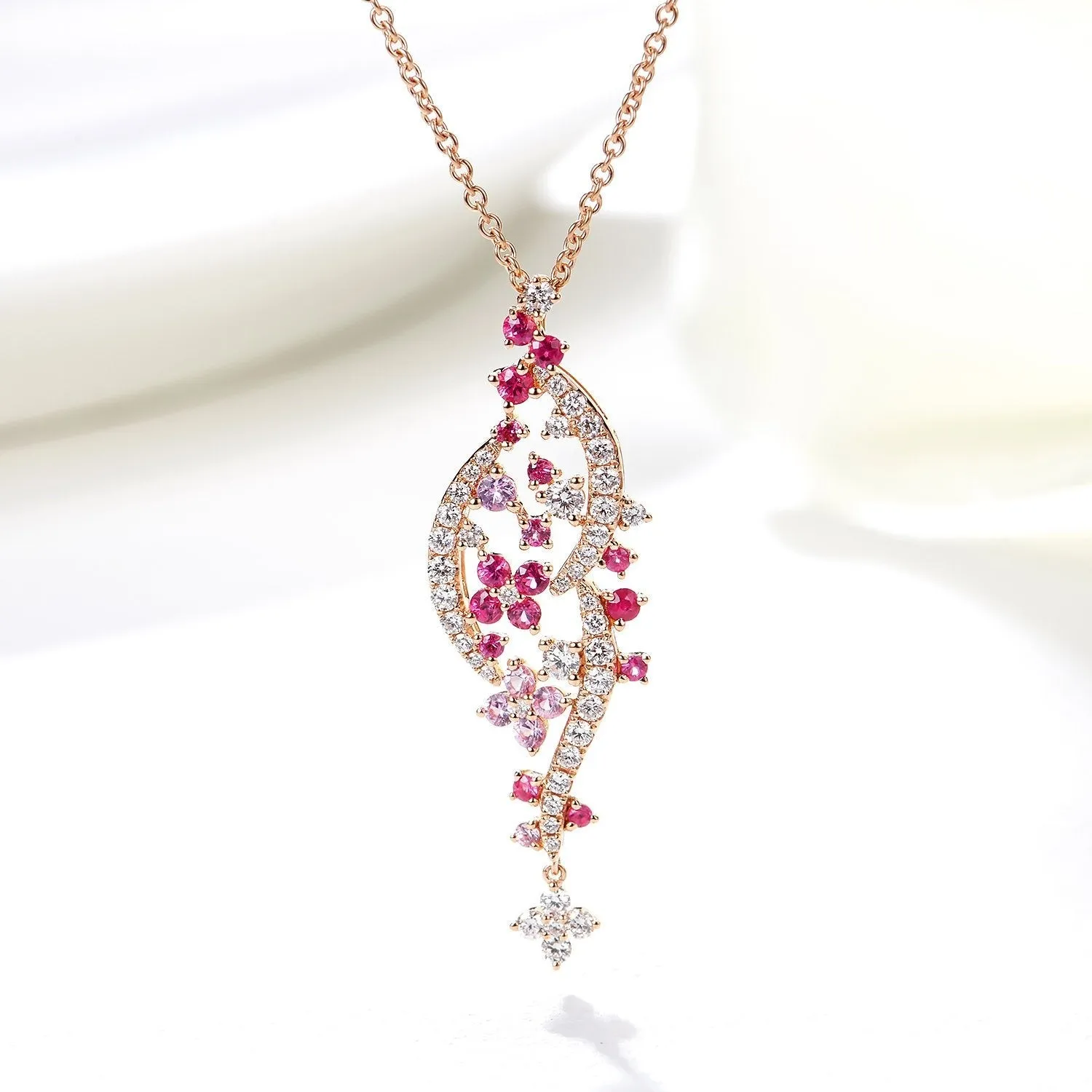 Diamond and Pink Sapphire Flowers Pendant Necklace