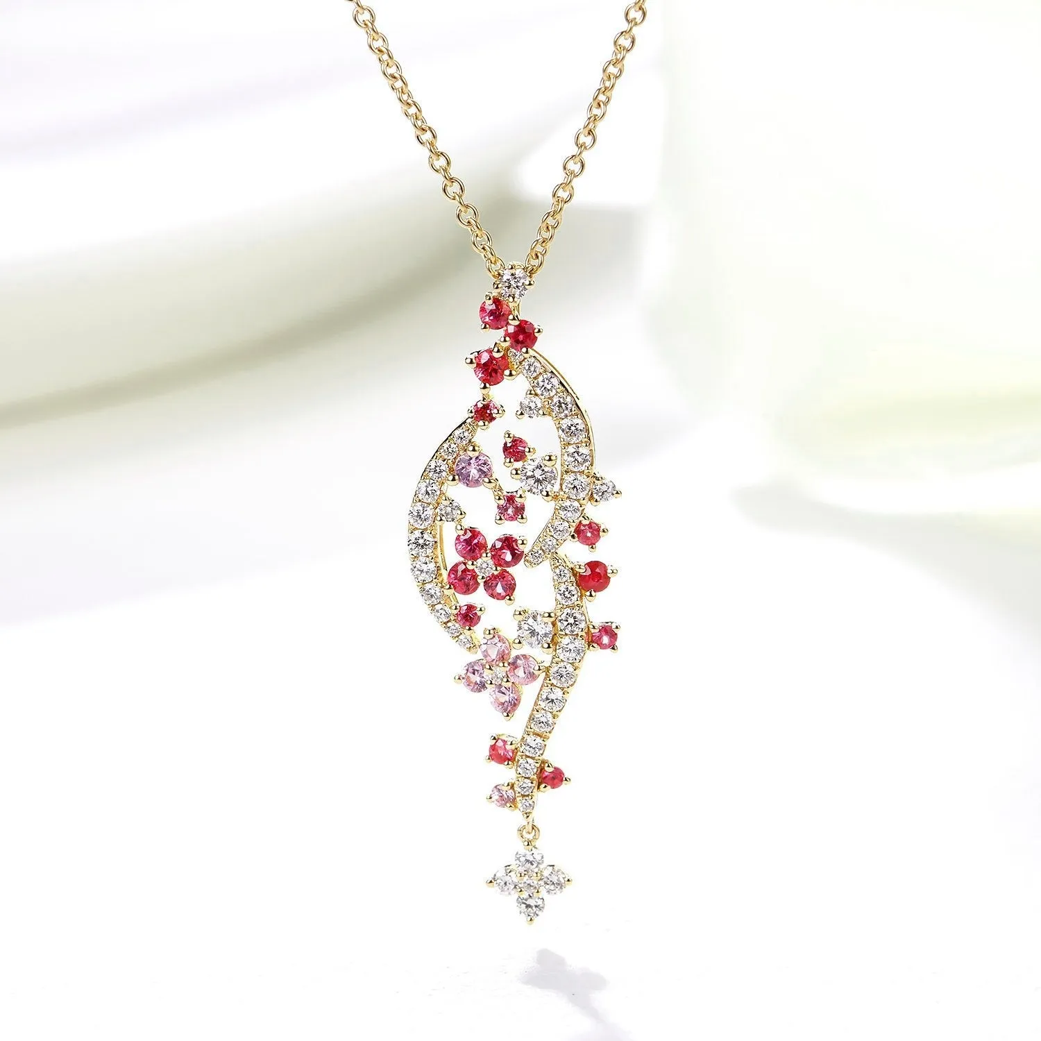Diamond and Pink Sapphire Flowers Pendant Necklace