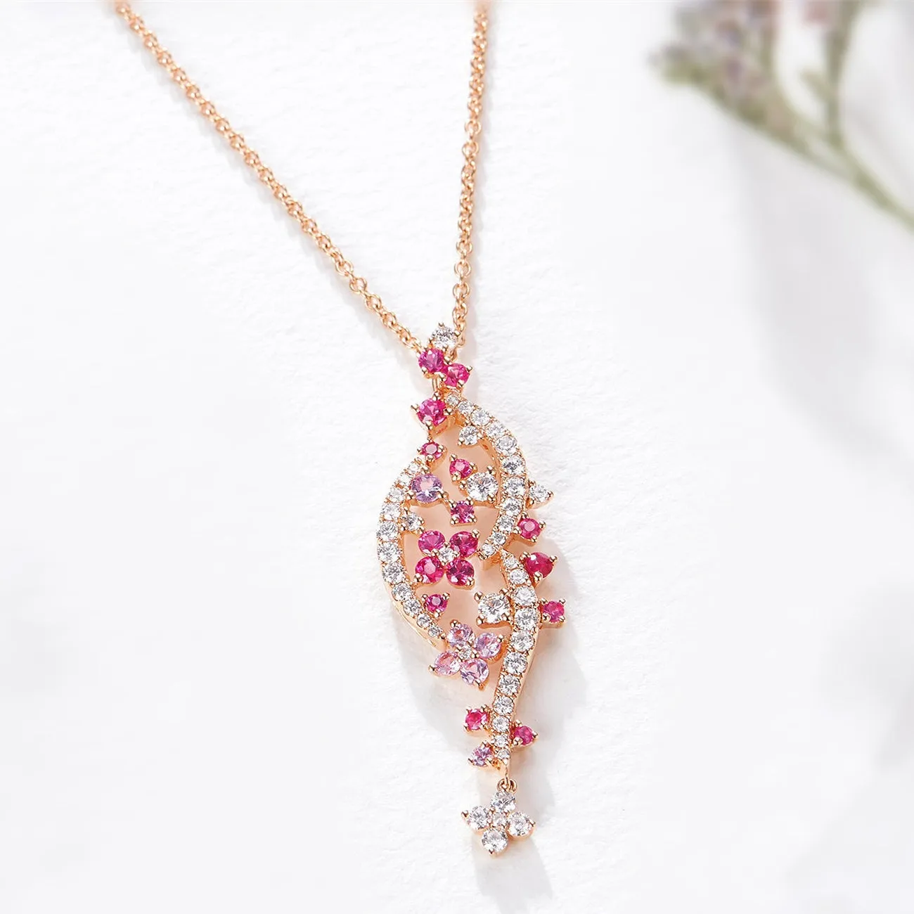 Diamond and Pink Sapphire Flowers Pendant Necklace