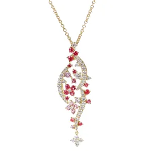 Diamond and Pink Sapphire Flowers Pendant Necklace