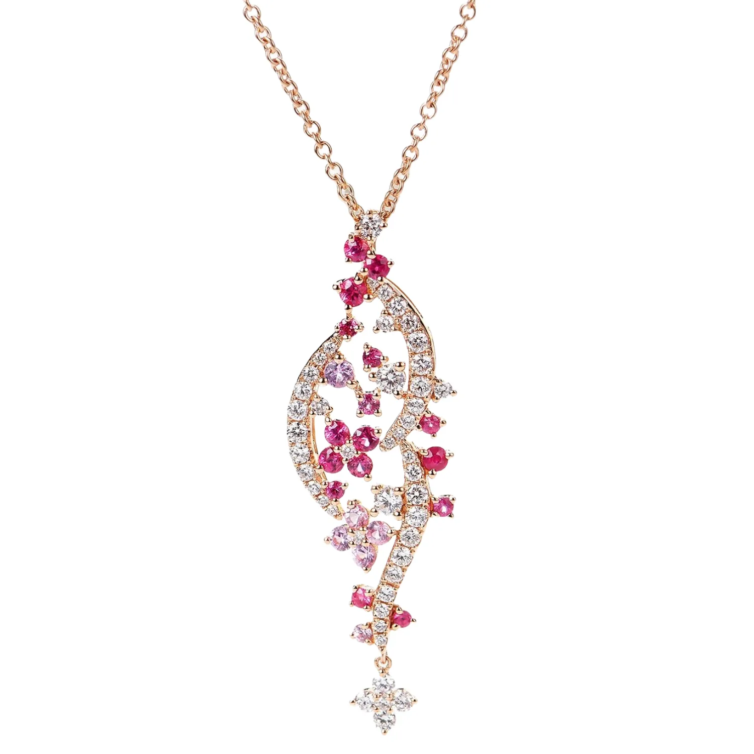 Diamond and Pink Sapphire Flowers Pendant Necklace