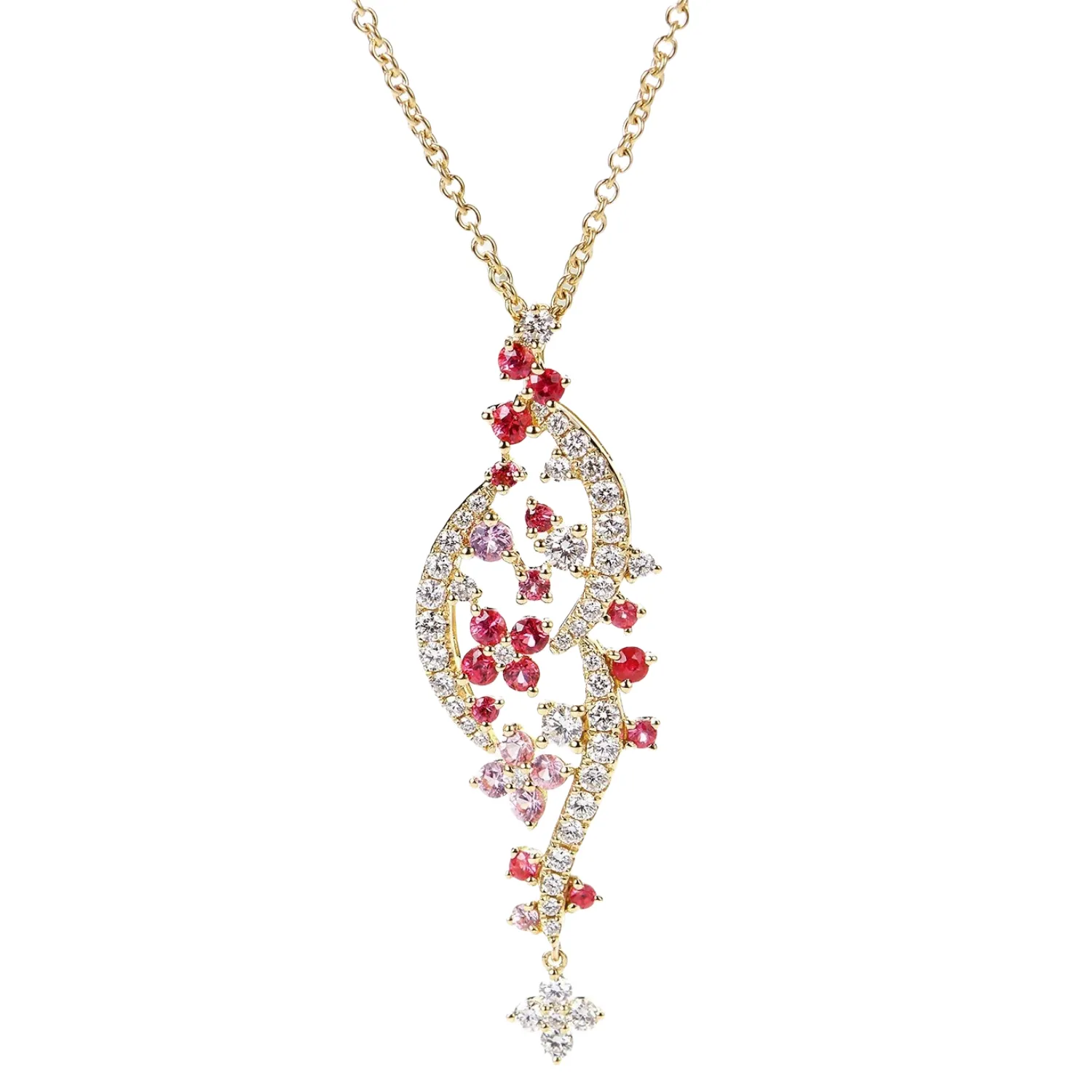 Diamond and Pink Sapphire Flowers Pendant Necklace