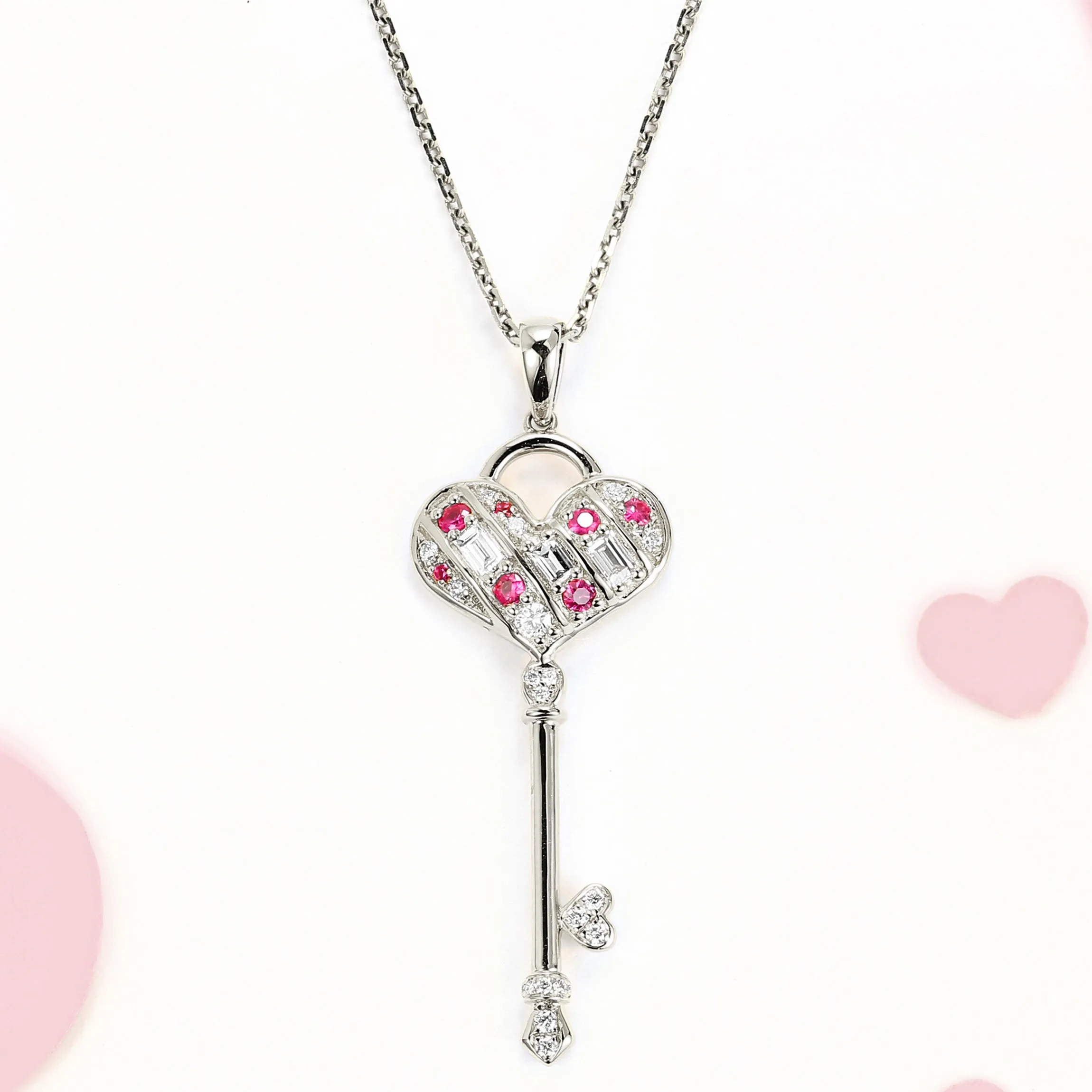 Diamond and Pink Sapphire Heart Key Pendant (Pendant Only)