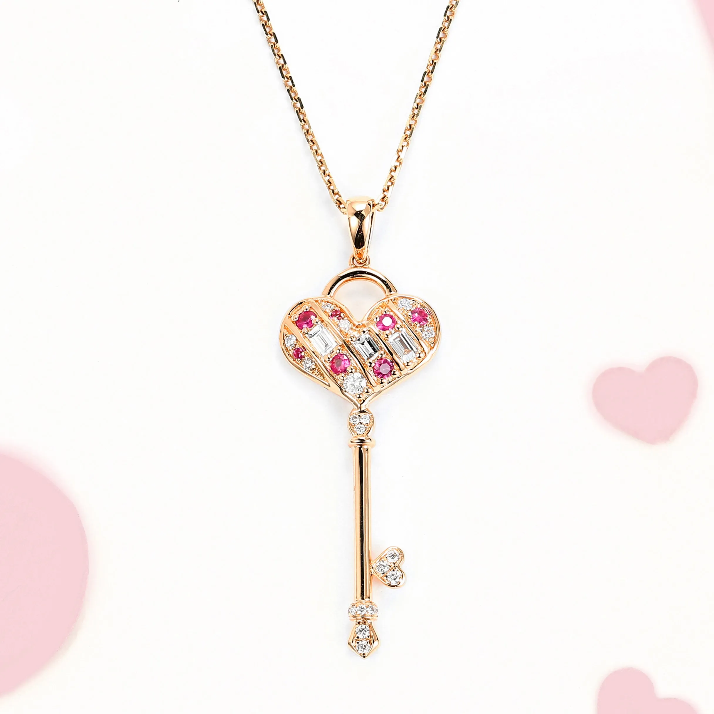 Diamond and Pink Sapphire Heart Key Pendant (Pendant Only)