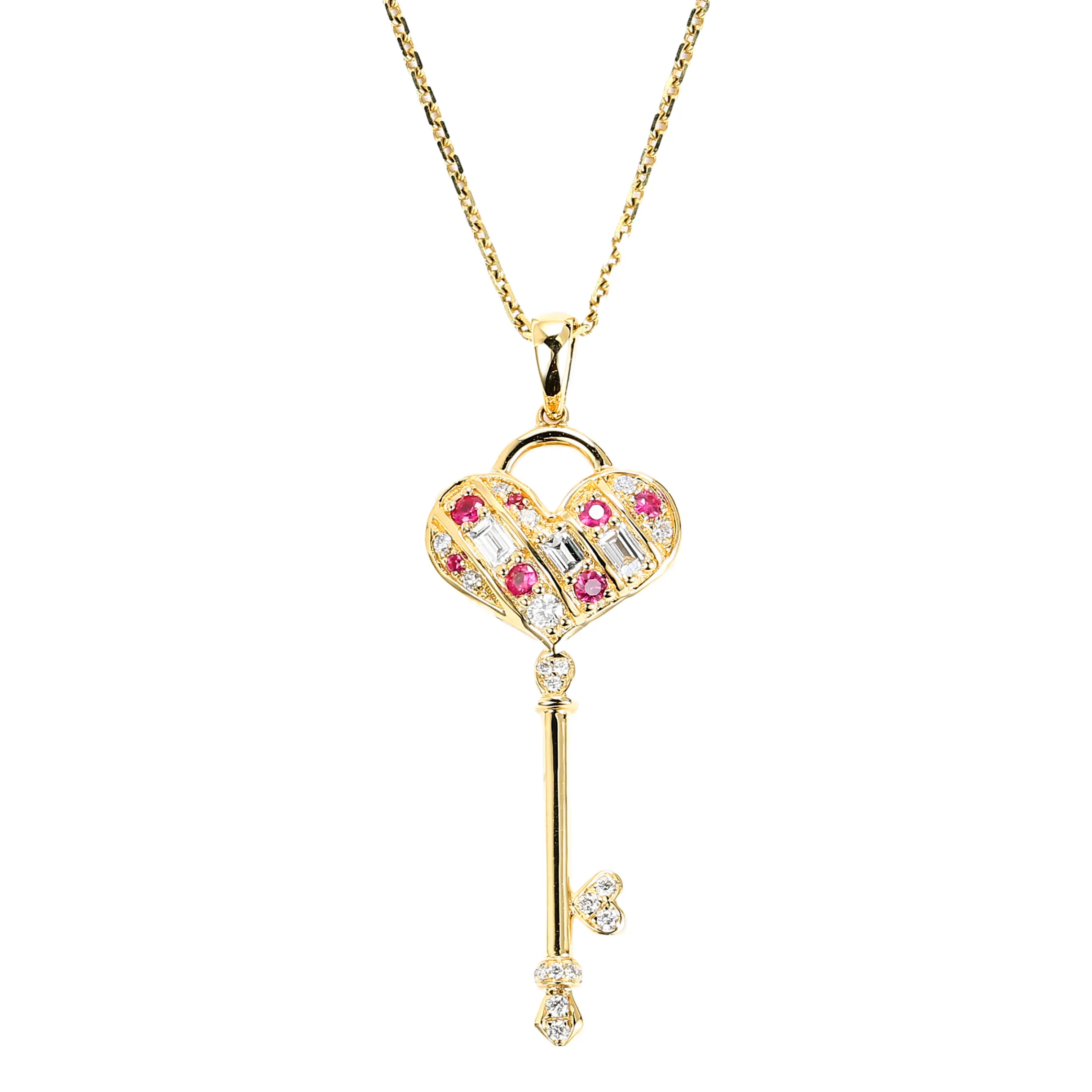 Diamond and Pink Sapphire Heart Key Pendant (Pendant Only)