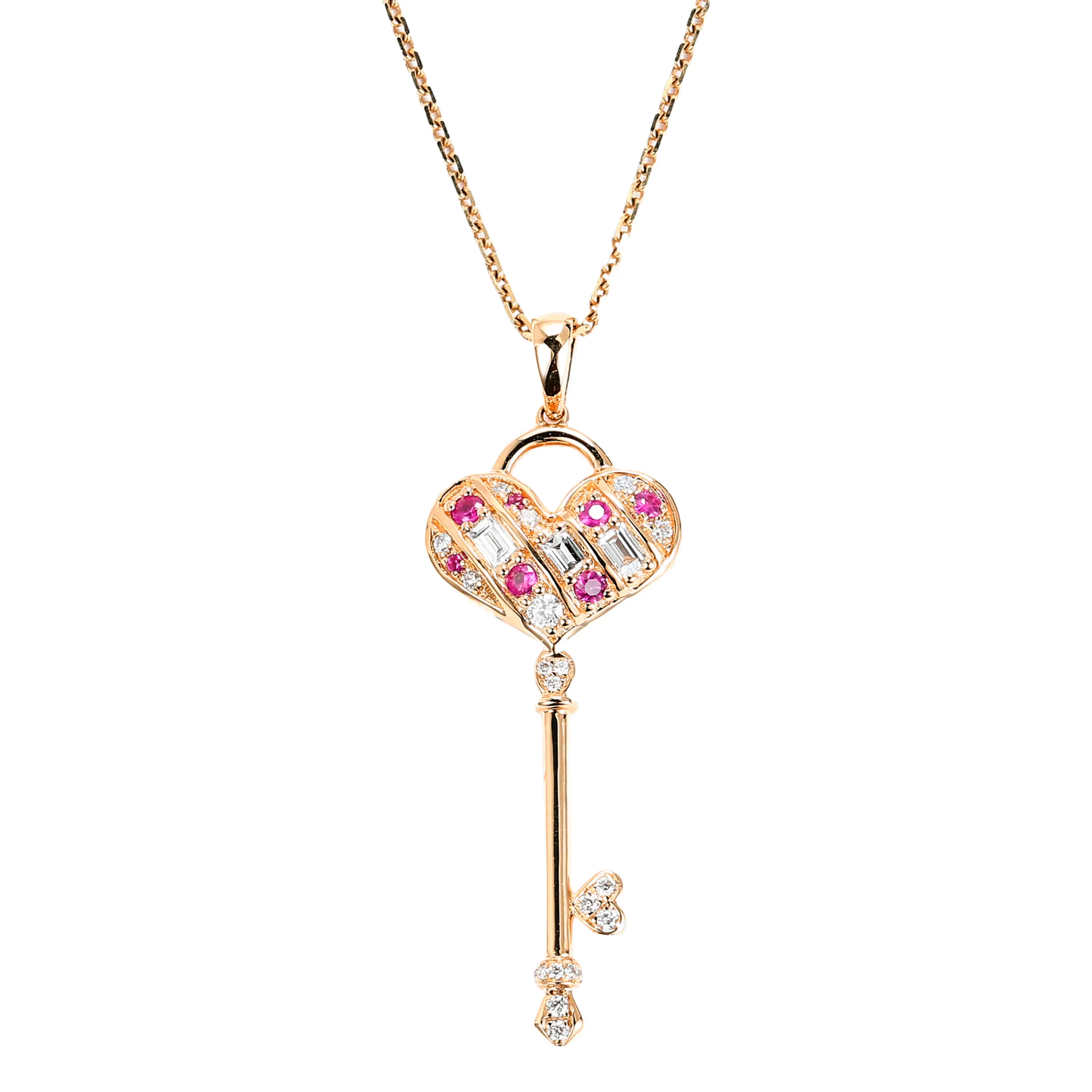 Diamond and Pink Sapphire Heart Key Pendant (Pendant Only)