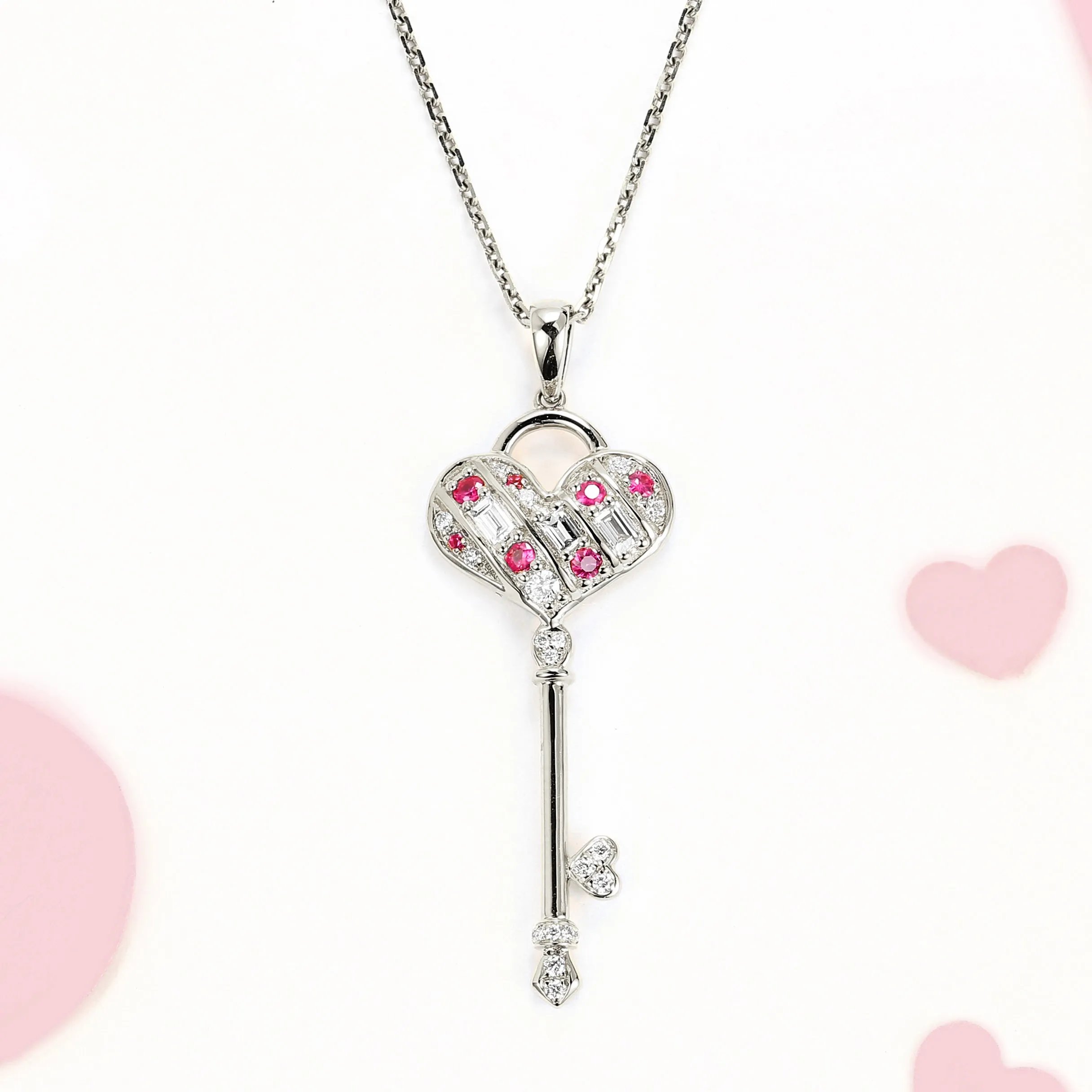Diamond and Pink Sapphire Heart Key Pendant (Pendant Only)