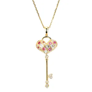 Diamond and Pink Sapphire Heart Key Pendant (Pendant Only)