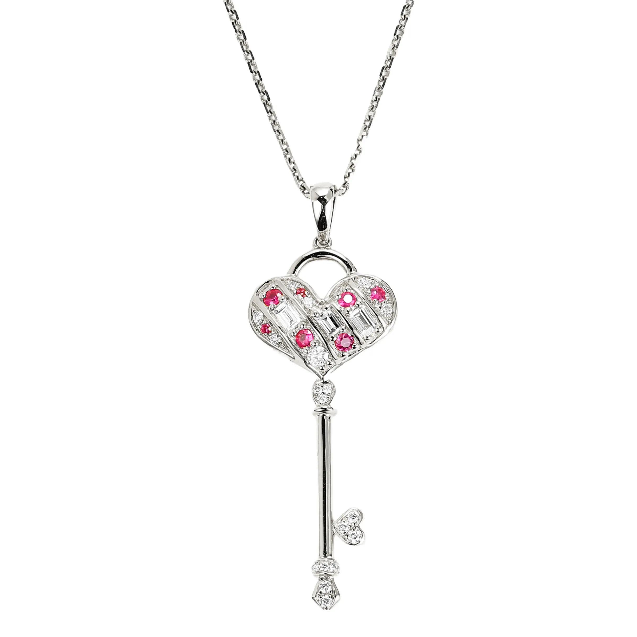 Diamond and Pink Sapphire Heart Key Pendant (Pendant Only)