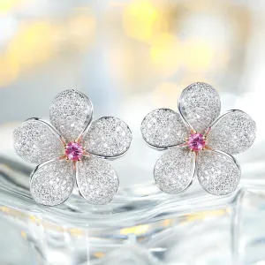 Diamond and Pink Sapphire Plumeria Flower Latch Back Earrings