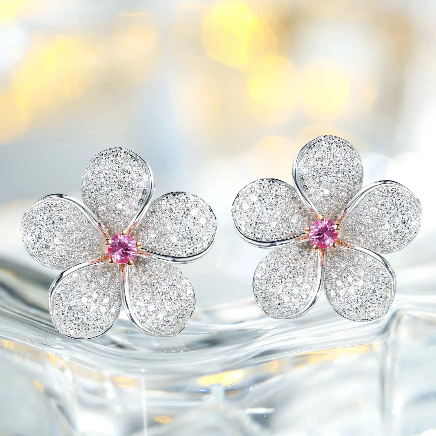 Diamond and Pink Sapphire Plumeria Flower Latch Back Earrings
