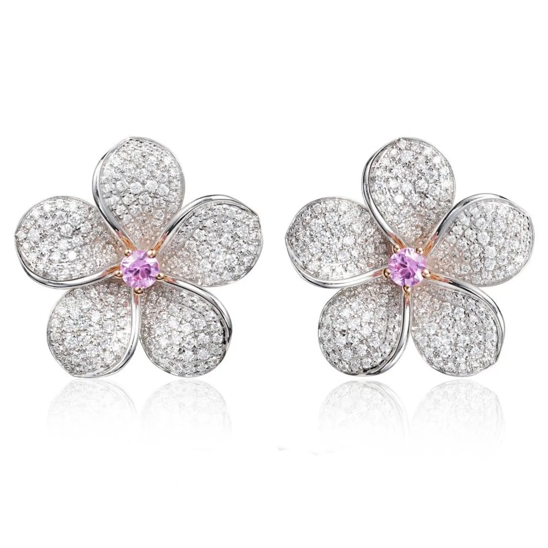 Diamond and Pink Sapphire Plumeria Flower Latch Back Earrings