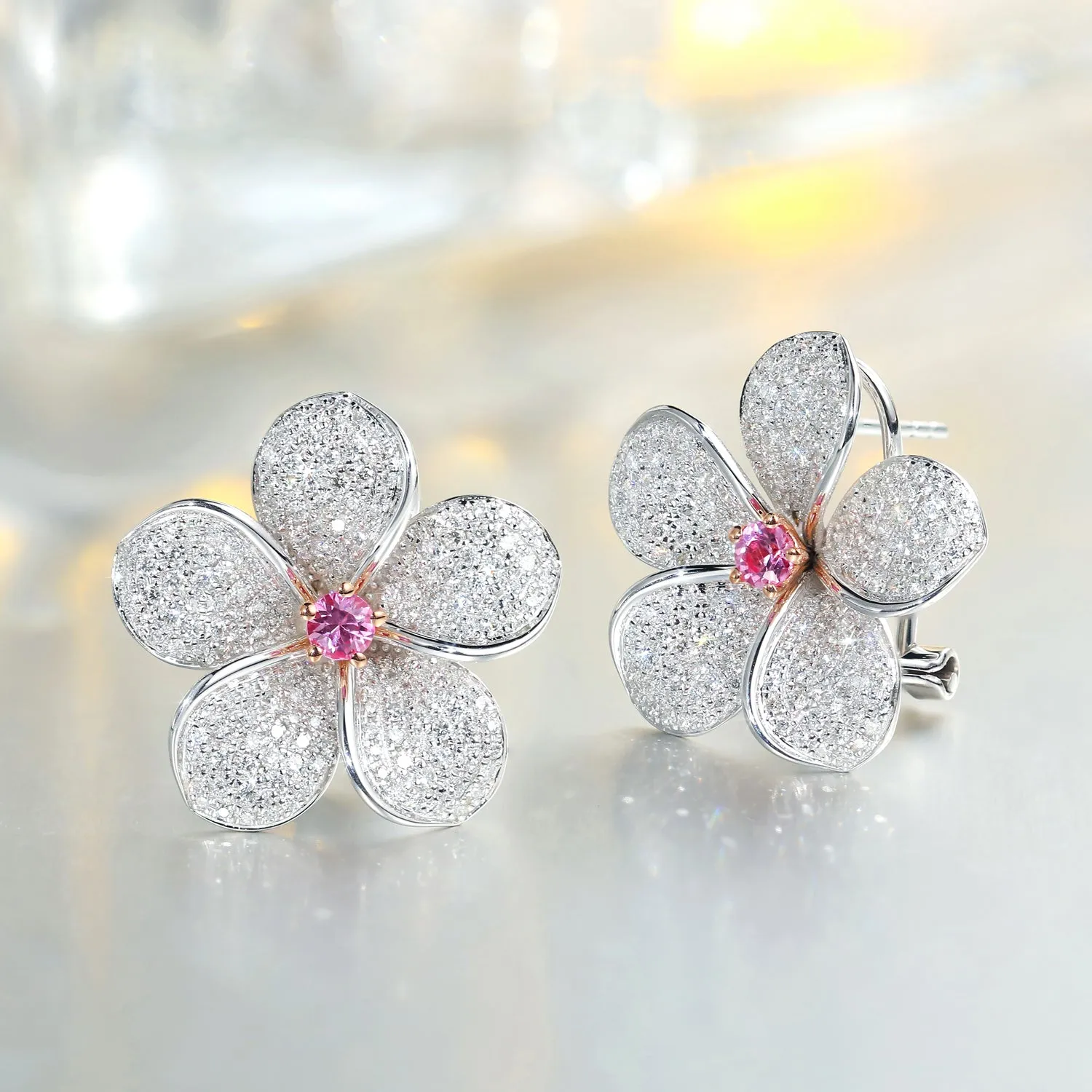Diamond and Pink Sapphire Plumeria Flower Latch Back Earrings