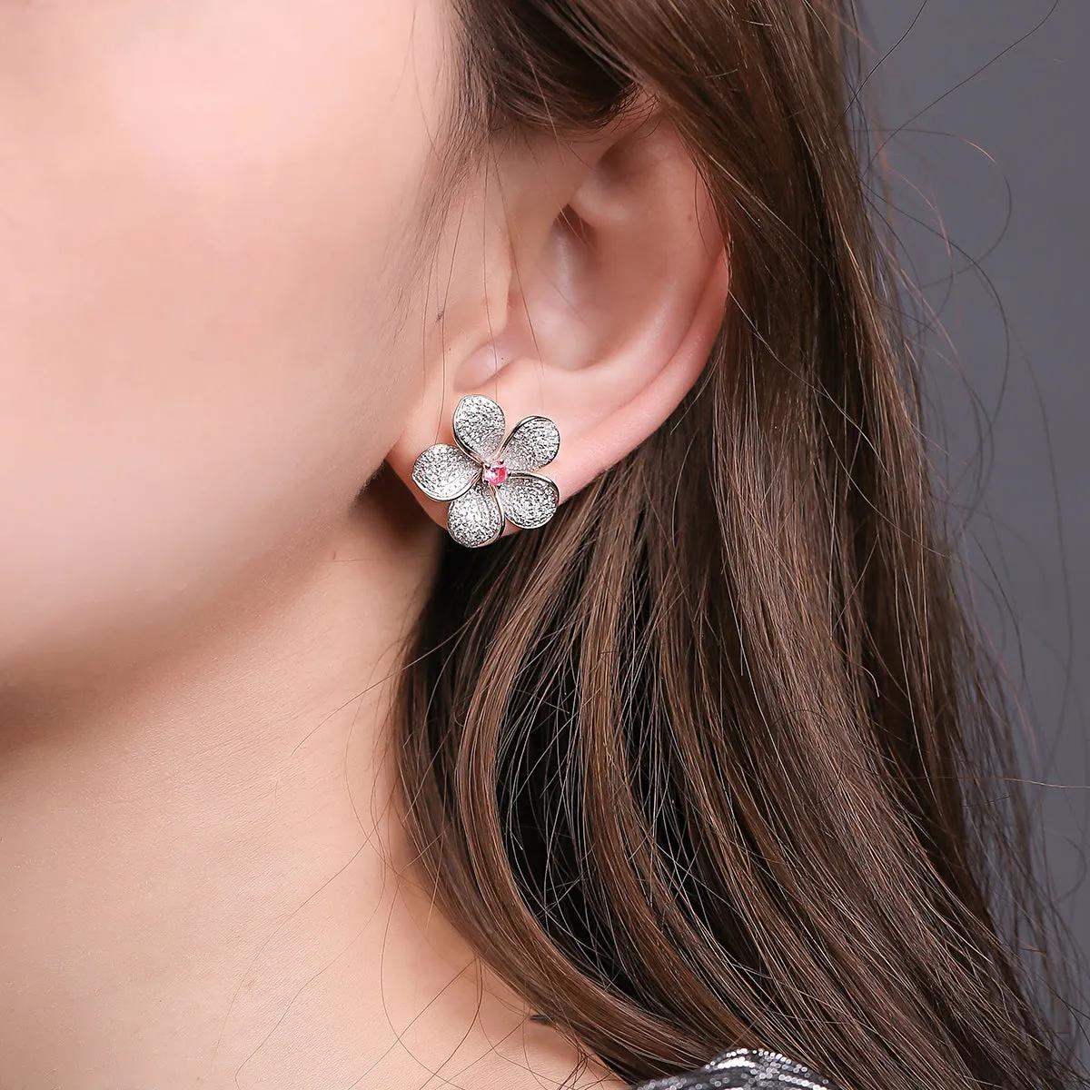 Diamond and Pink Sapphire Plumeria Flower Latch Back Earrings