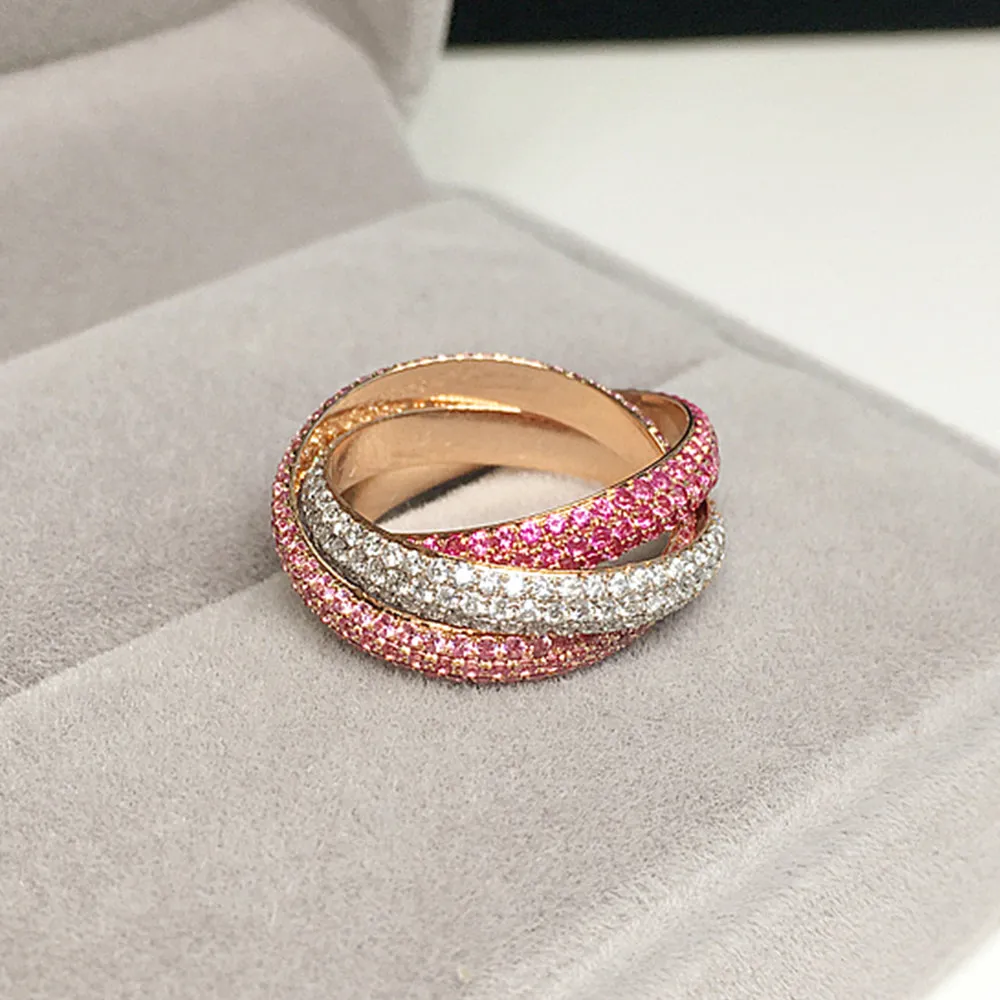 Diamond and Pink Sapphire Trinity Interlocking Wedding Ring