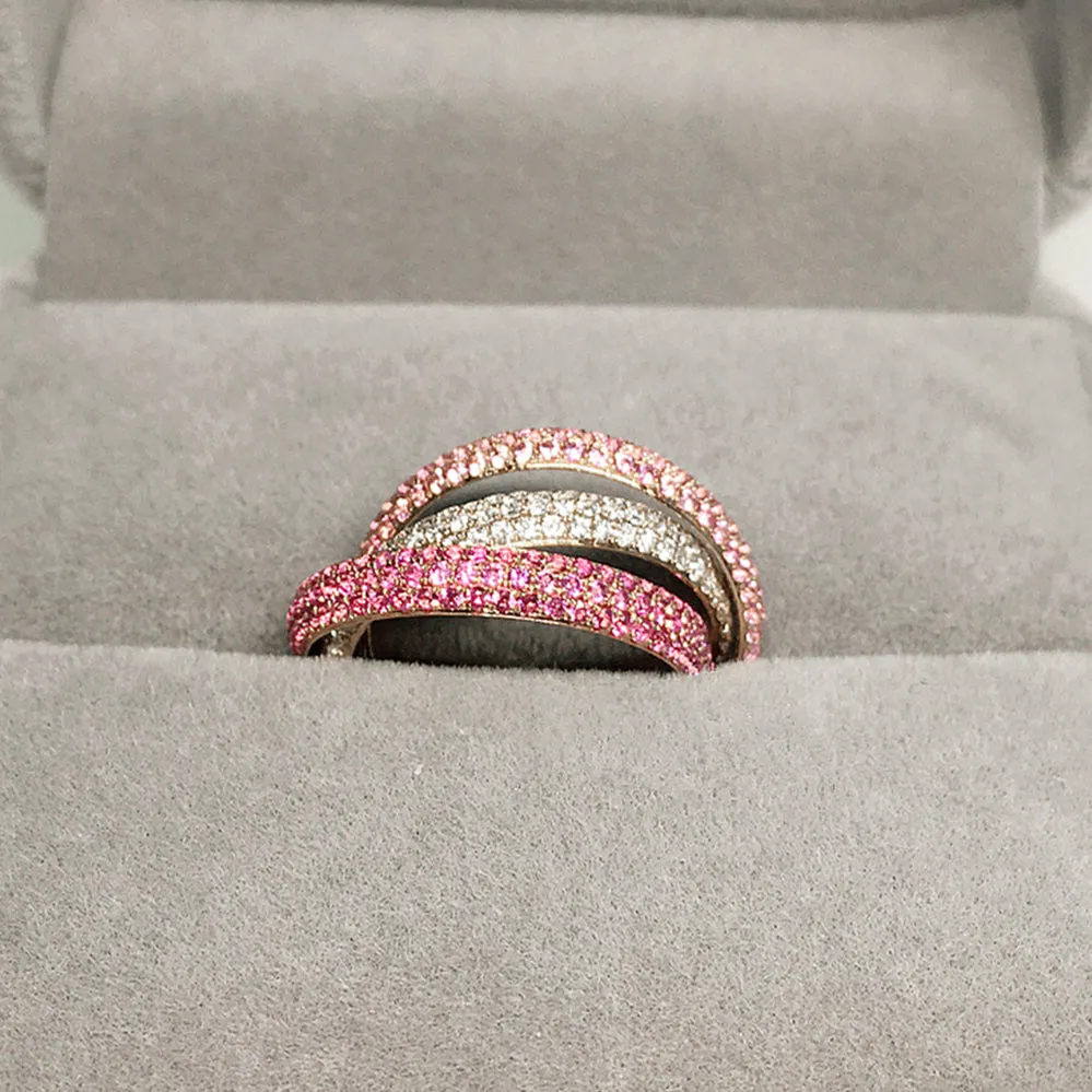 Diamond and Pink Sapphire Trinity Interlocking Wedding Ring