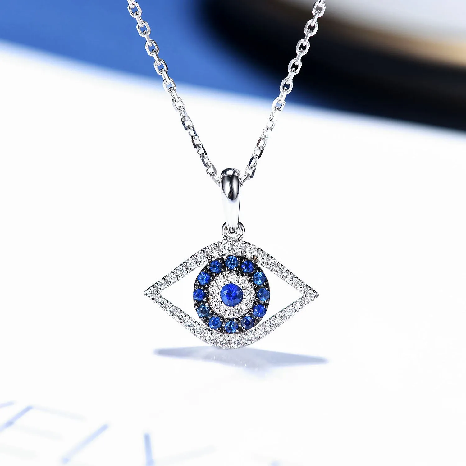 Diamond and Sapphire Evil Eye Pendant Necklace