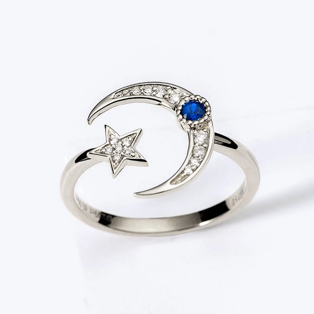 Diamond and Sapphire Moon and Star Ring