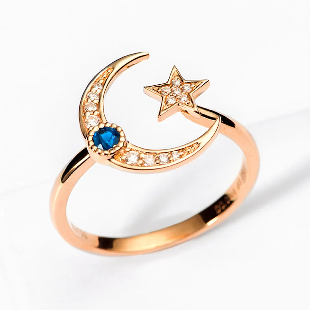 Diamond and Sapphire Moon and Star Ring