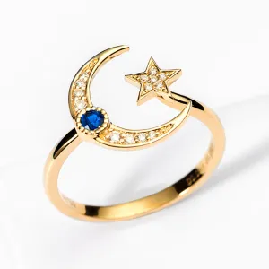 Diamond and Sapphire Moon and Star Ring
