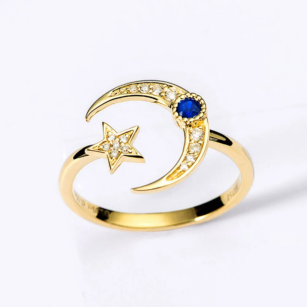 Diamond and Sapphire Moon and Star Ring