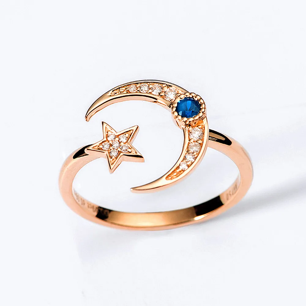 Diamond and Sapphire Moon and Star Ring