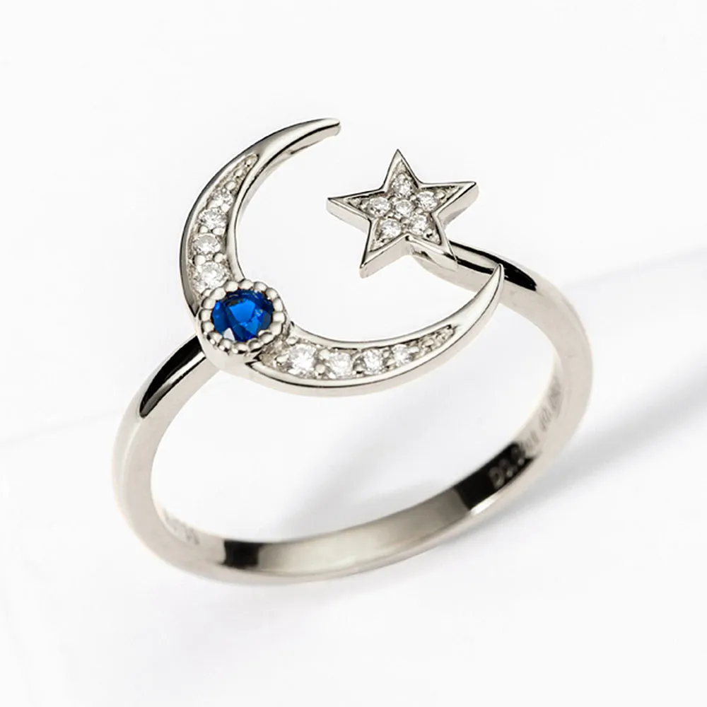 Diamond and Sapphire Moon and Star Ring