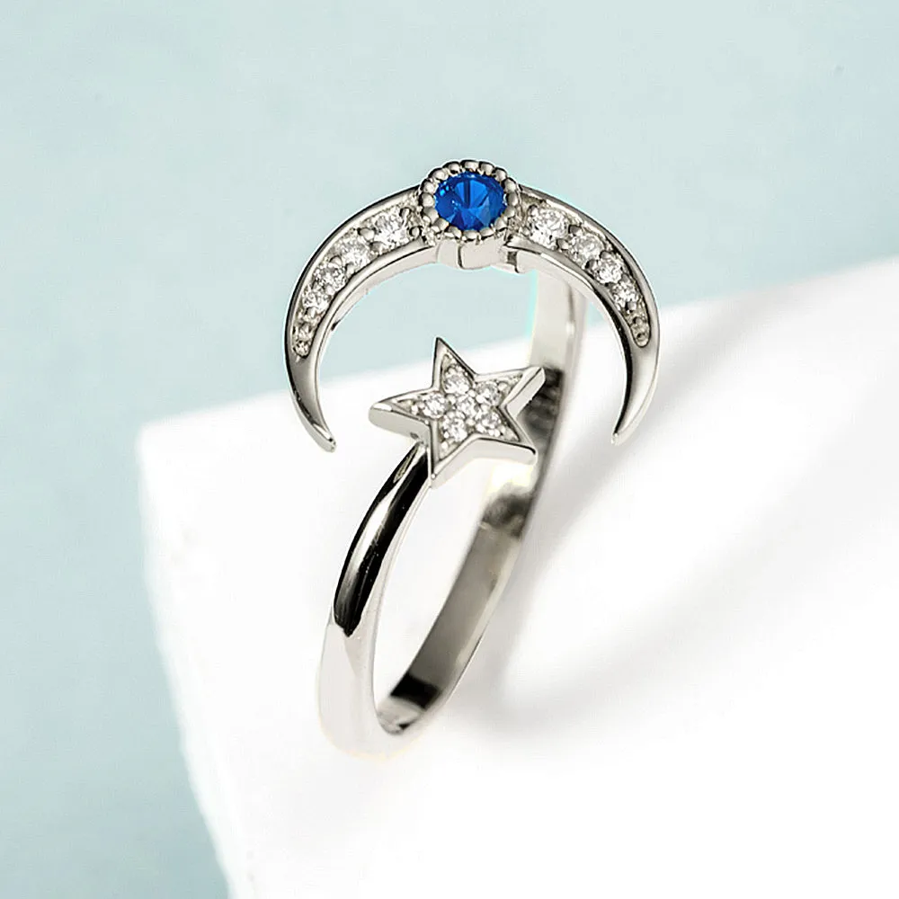 Diamond and Sapphire Moon and Star Ring