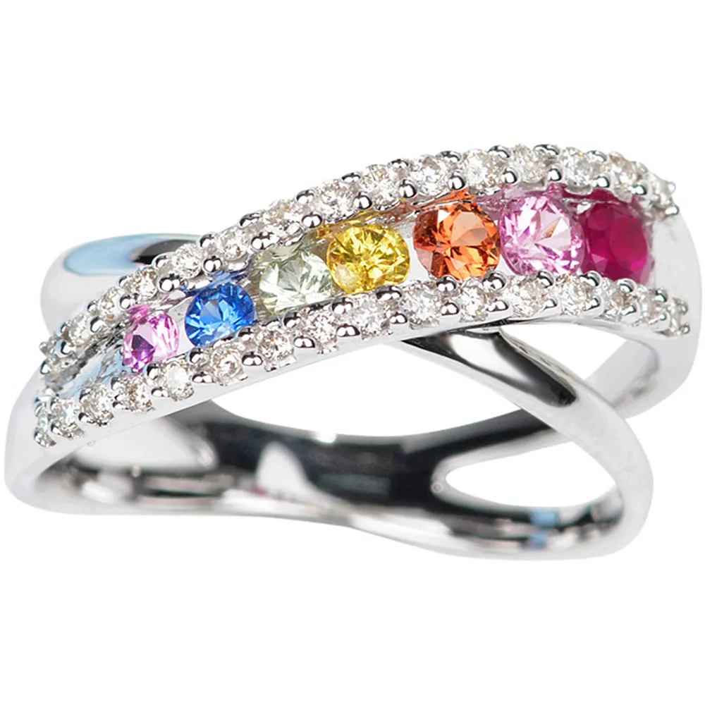 Diamond Rainbow Gemstone Criss Cross Ring