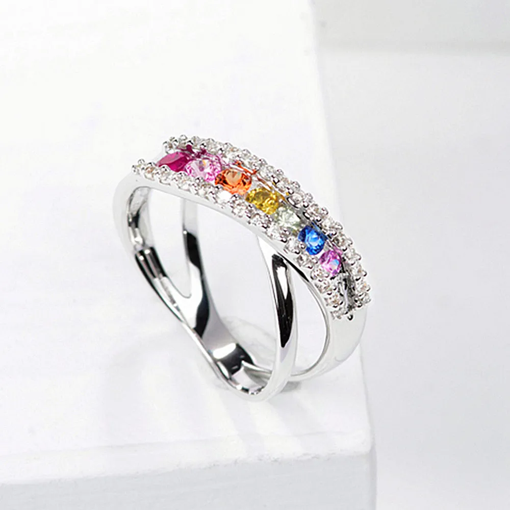 Diamond Rainbow Gemstone Criss Cross Ring