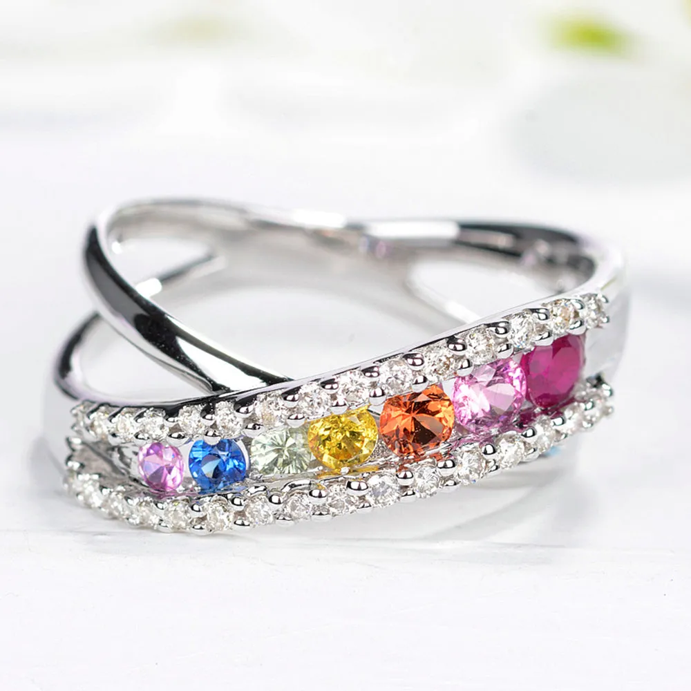Diamond Rainbow Gemstone Criss Cross Ring