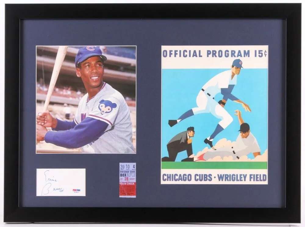 Ernie Banks Signed Cubs 17x23 Framed Cut Display   Ticket & 1970 Scorecard (PSA)